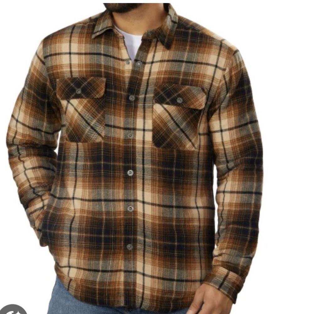 Men’s XL Flannel Shirt Jacket Sherpa Lined Snap Brown Side Pockets Arms No Lined